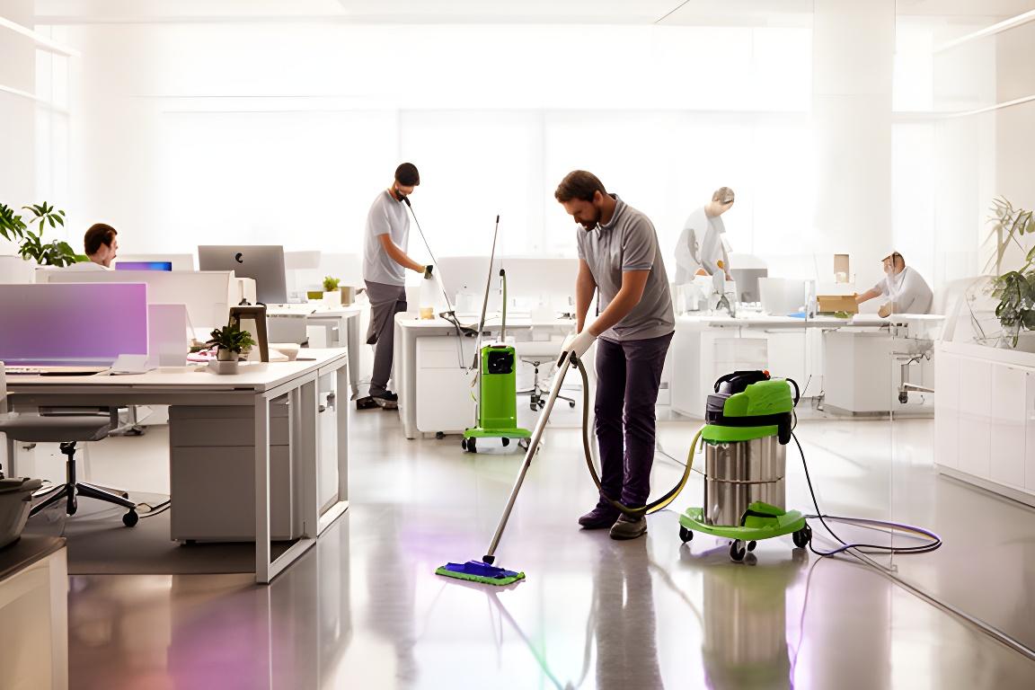 Team di pulizia professionale in un ufficio luminoso con superfici ordinate e pavimenti lucidi